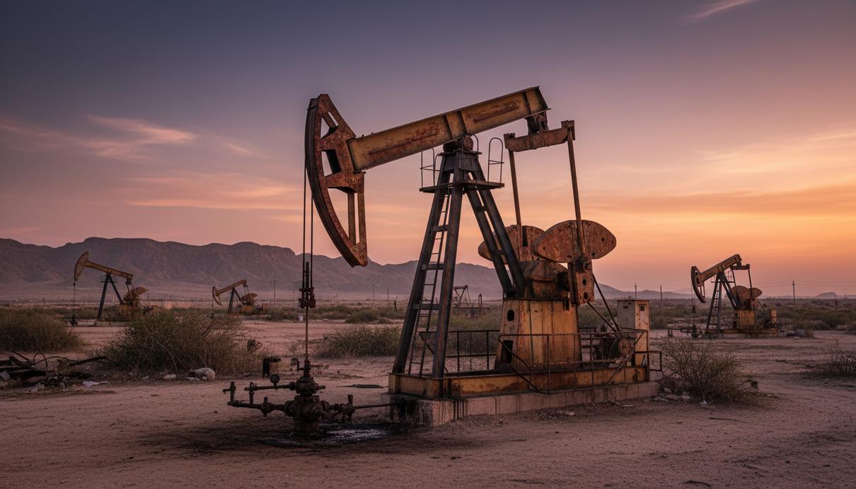 Старая нефтяная качалка на зрелом месторождении в Венесуэле на фоне заката и холмистого пейзажа.