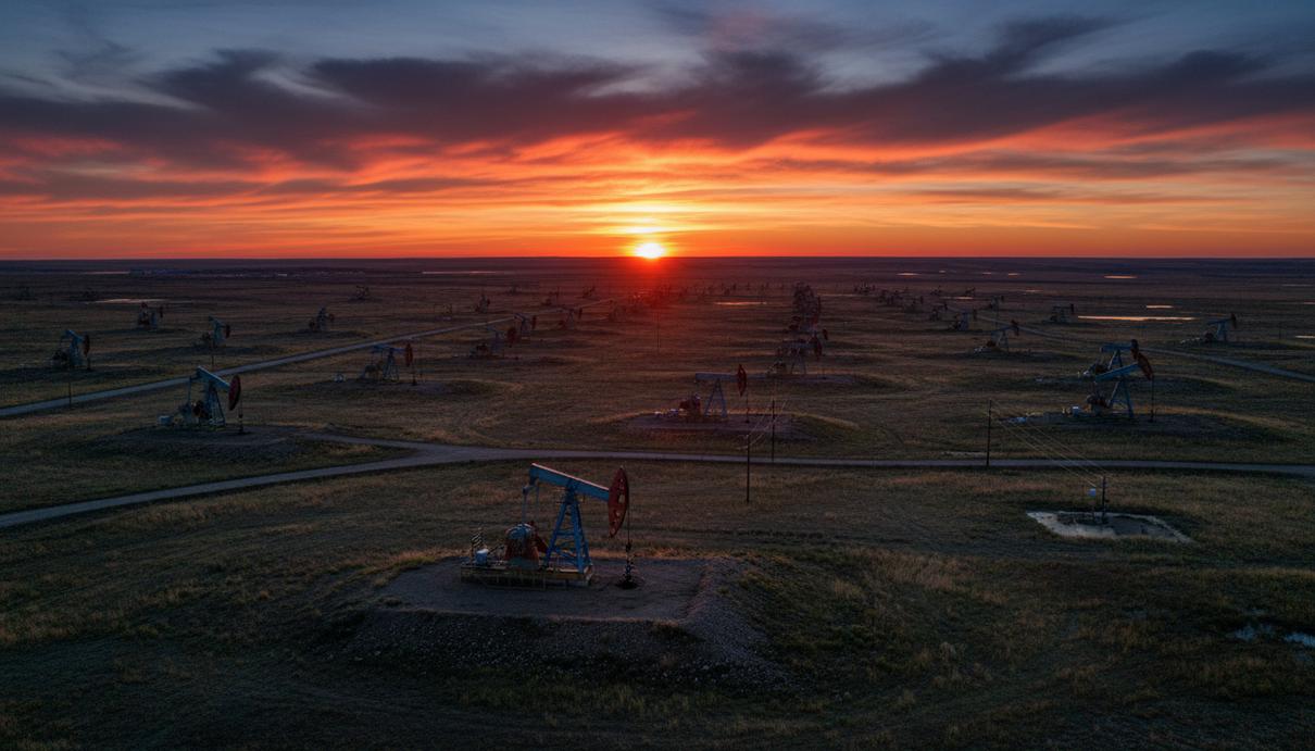 Нефтяные вышки-качалки на месторождении в бассейне Уиллистон в Северной Дакоте на фоне заката.