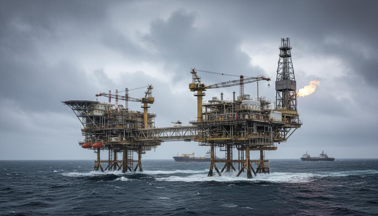 Морская нефтегазовая платформа на месторождении Тайра в Северном море под пасмурным небом среди неспокойных волн.