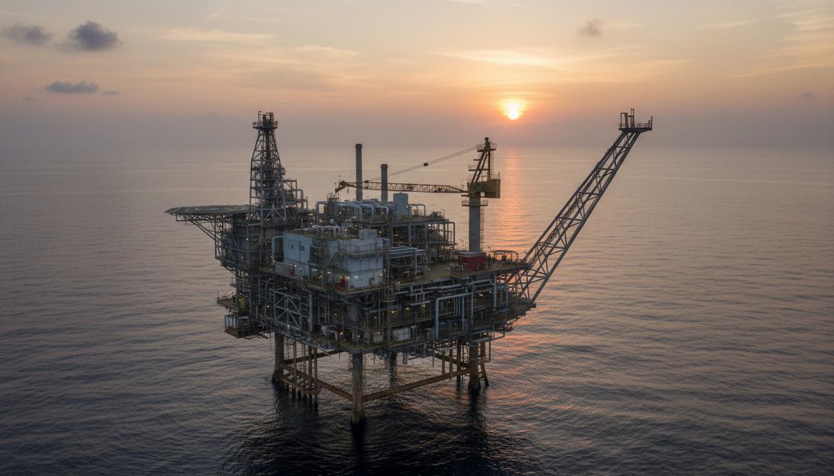 Морская газодобывающая платформа в океане на фоне восходящего солнца. Промышленные конструкции и трубопроводы.