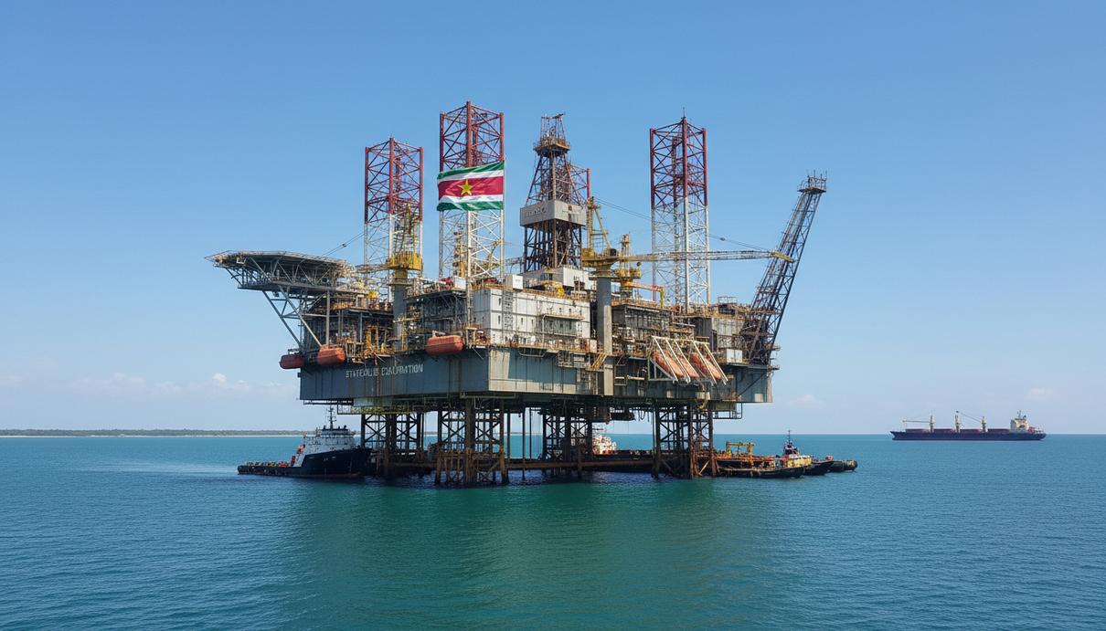 Морская нефтегазовая буровая платформа в океане у побережья Суринама в дневное время.