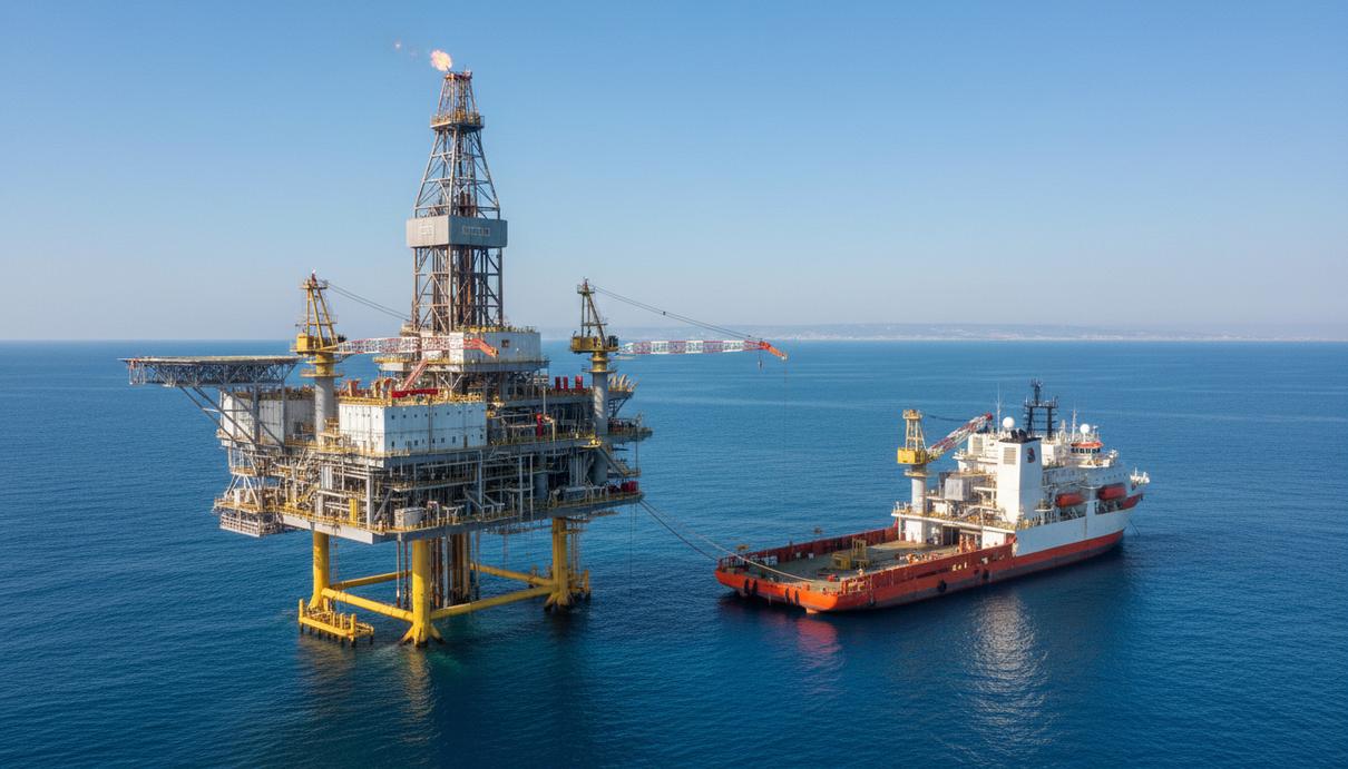 Морская нефтегазовая буровая платформа в Восточном Средиземноморье. Рядом с платформой находится судно снабжения.