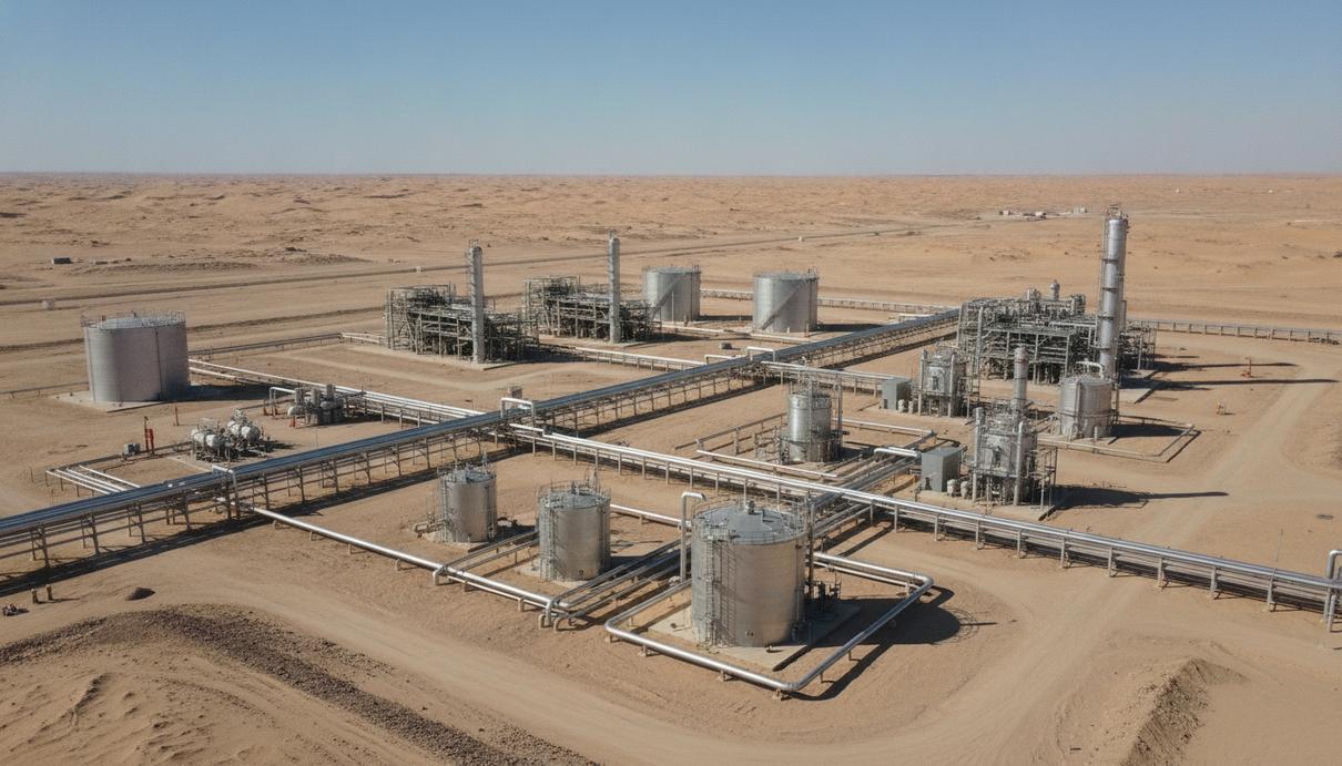 Новая установка по подготовке нефти и газа с трубопроводами и резервуарами в пустынном ландшафте Алжира.