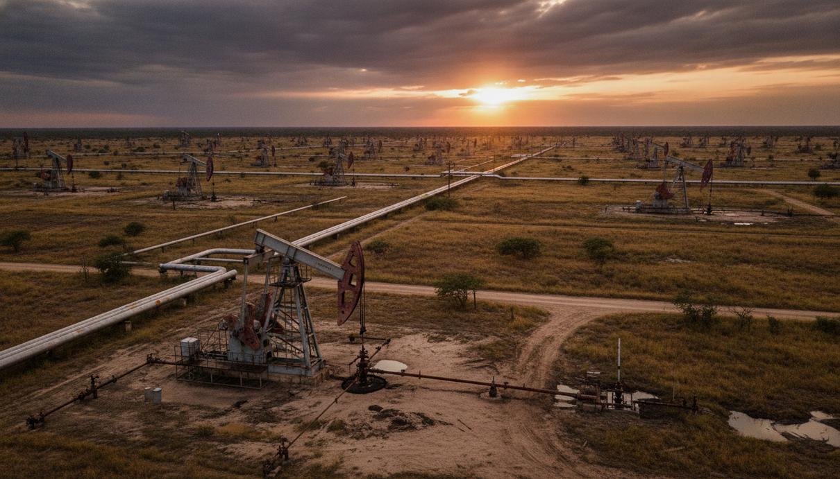 Бразильская Fluxus Oil братьев Батиста вошла в нефтяной проект в Венесуэле Нефтяные вышки и трубопроводы в тяжелом нефтяном поясе Ориноко в Венесуэле, промышленный пейзаж на фоне саванны.