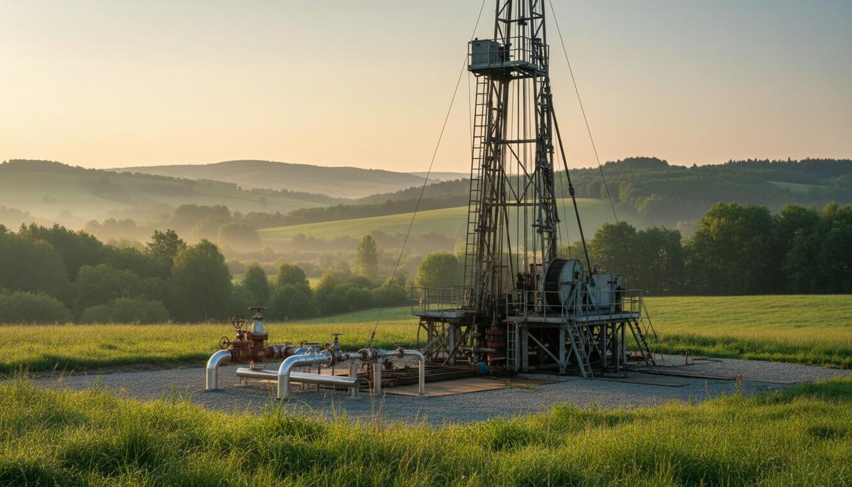 Horizon Petroleum начнет испытания на газовом месторождении в Польше Буровая установка и устье газовой скважины на месторождении в сельской местности на юге Польши, летний пейзаж.