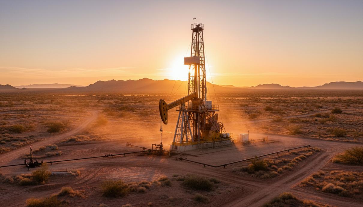 Одинокая нефтяная вышка в пустыне Пермского бассейна в штате Нью-Мексико в лучах восходящего солнца.