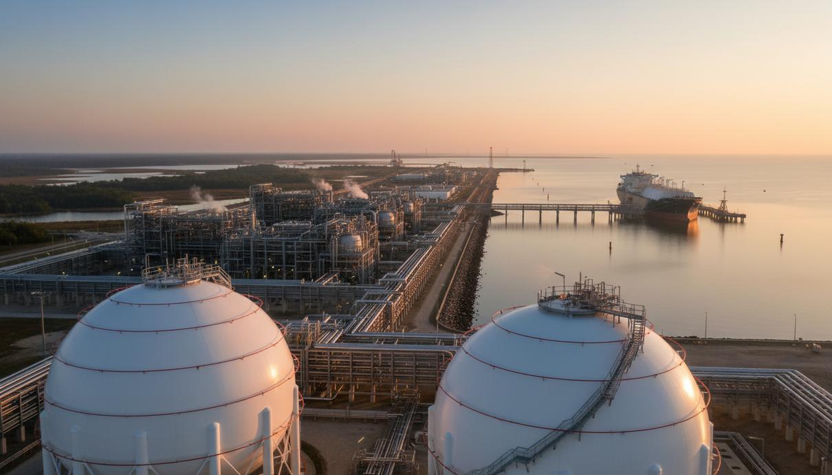 Минэнерго США одобрило экспорт СПГ с нового терминала Argent LNG Современный терминал по экспорту СПГ на побережье Луизианы. Два крупных сферических резервуара для хранения газа и причал.