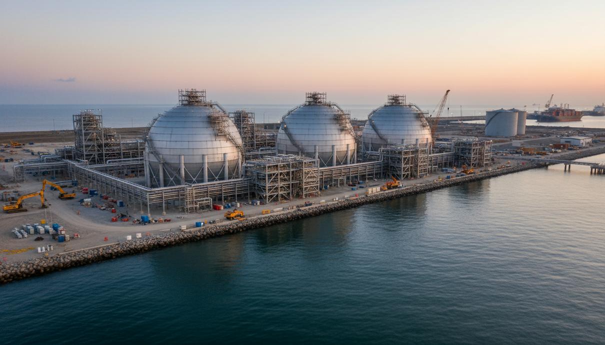 Argent LNG получила разрешение на экспорт 25 млн тонн СПГ из Луизианы Крупные сферические резервуары для хранения СПГ и промышленные установки на строящемся экспортном терминале в прибрежном порту.