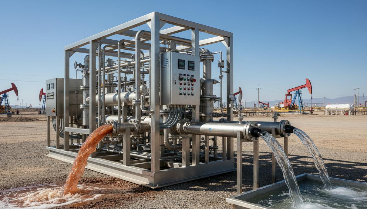 Eden Tech повысит эффективность опреснения попутной воды в нефтегазе Промышленная установка для опреснения попутной воды на нефтегазовом месторождении в засушливой местности.
