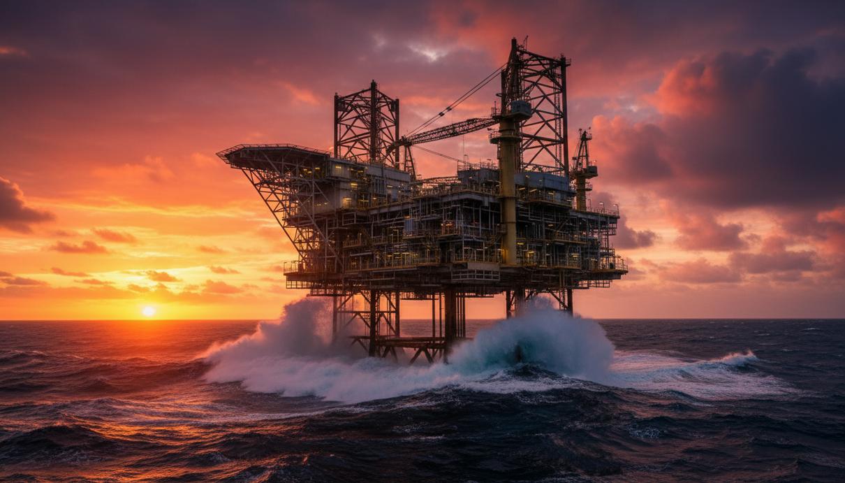 Скончался один из создателей нефтегазовой отрасли Северного моря Иэн Вуд Морская нефтегазовая платформа в Северном море на закате. Стальные конструкции на фоне оранжевого неба и бурных волн.