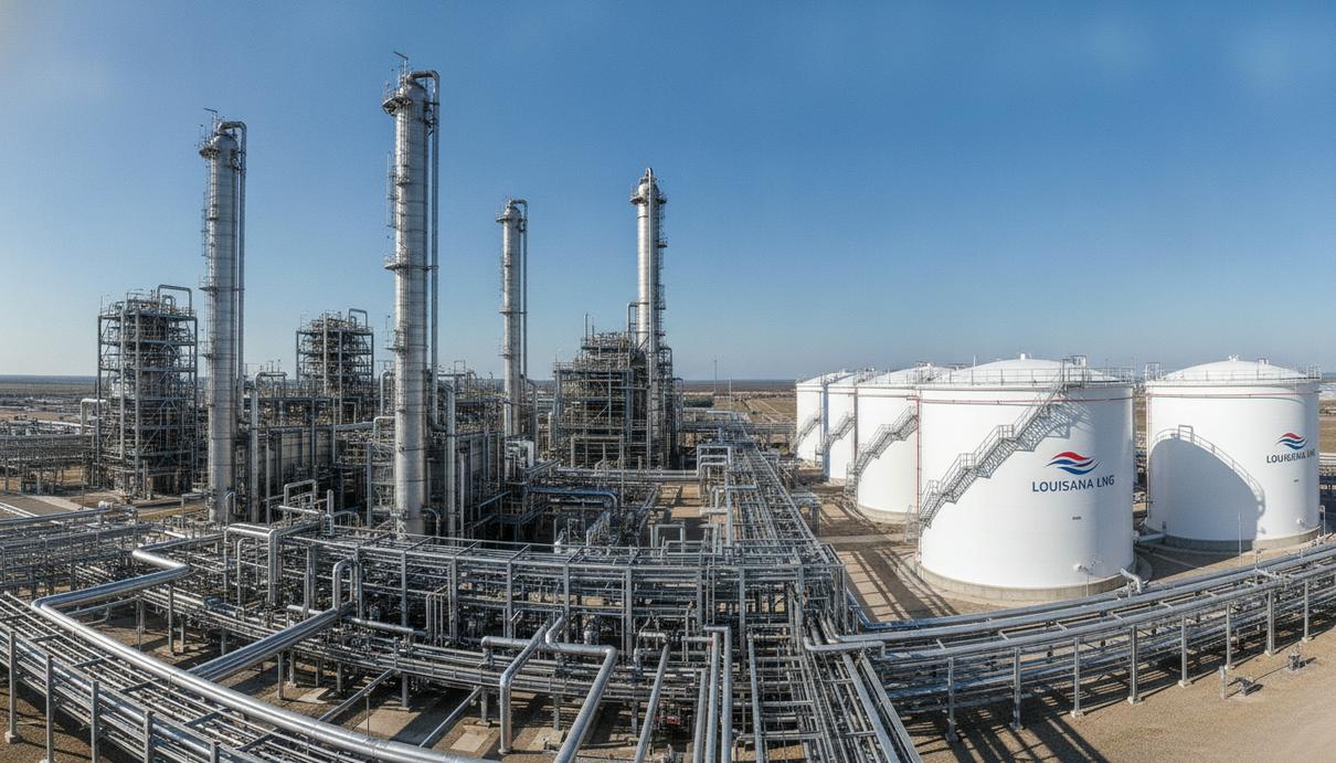 Современный завод по сжижению природного газа в Луизиане: технологические установки, трубопроводы и резервуары для хранения СПГ.