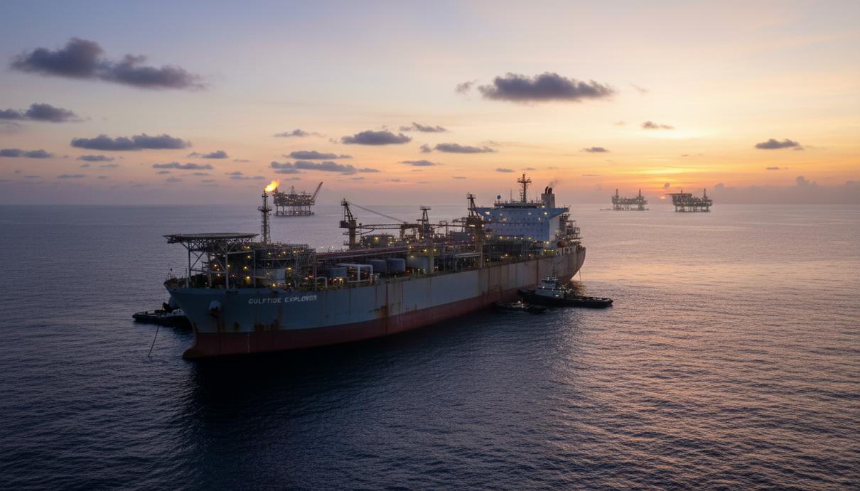 Плавучая установка для добычи, хранения и отгрузки нефти (FPSO) в открытом море в Мексиканском заливе на рассвете.
