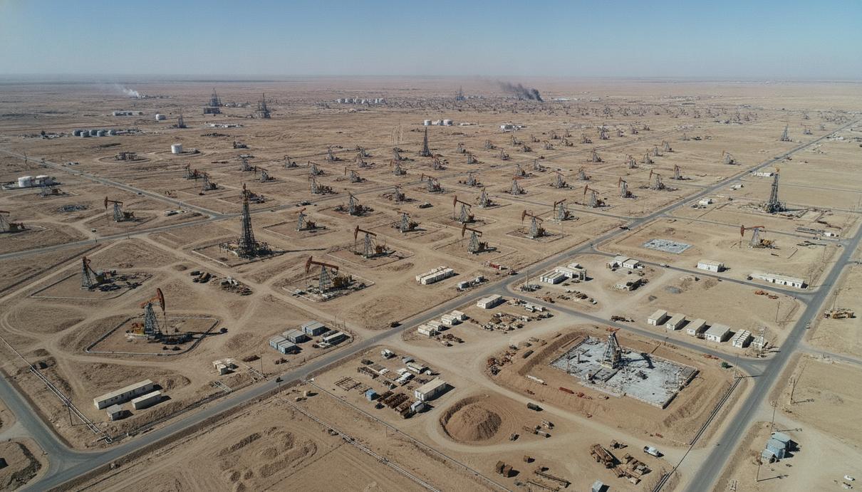 Нефтяное месторождение Киркук в Ираке с высоты птичьего полета. Насосные установки и производственная инфраструктура в засушливой местности.