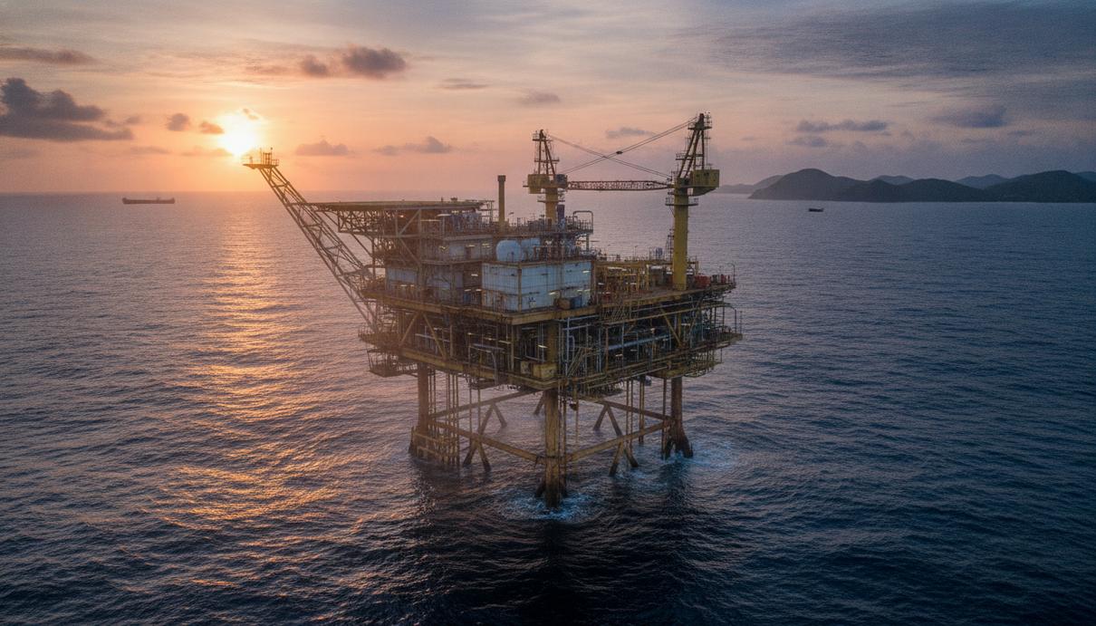Крупная морская нефтегазовая платформа в океане на рассвете. Вид на сложную металлическую конструкцию на фоне воды и неба.