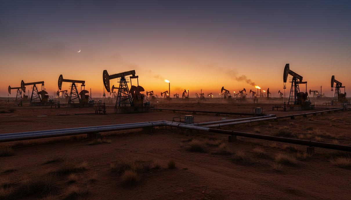 В Пермском бассейне создают нового роялти-оператора за $2,24 млрд Нефтяные насосы-качалки на месторождении в пустынной местности Пермского бассейна на фоне заката.