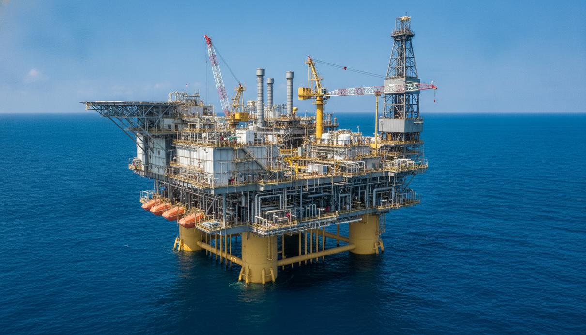 bp расширила добычу на месторождении Atlantis в Мексиканском заливе Глубоководная нефтегазовая платформа «Атлантис» в Мексиканском заливе в ясный день. Вид на палубу с технологическим оборудованием.