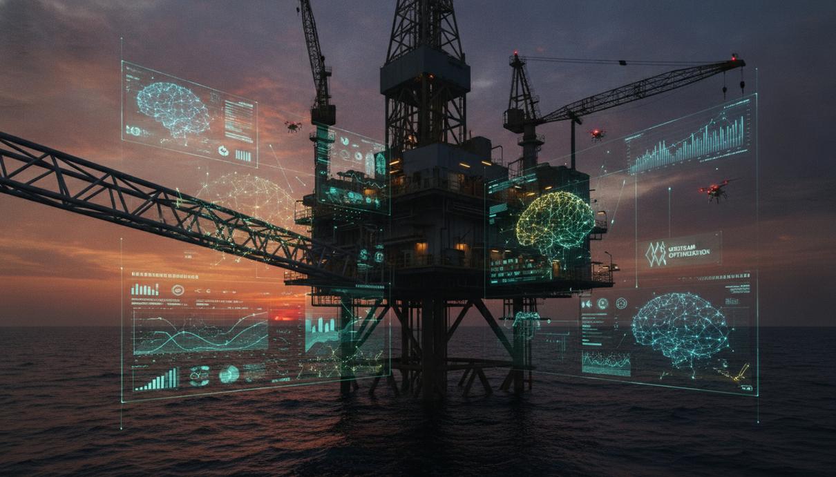 Нефтегазовая платформа в море на закате с голографическими проекциями данных и графиков на оборудовании.