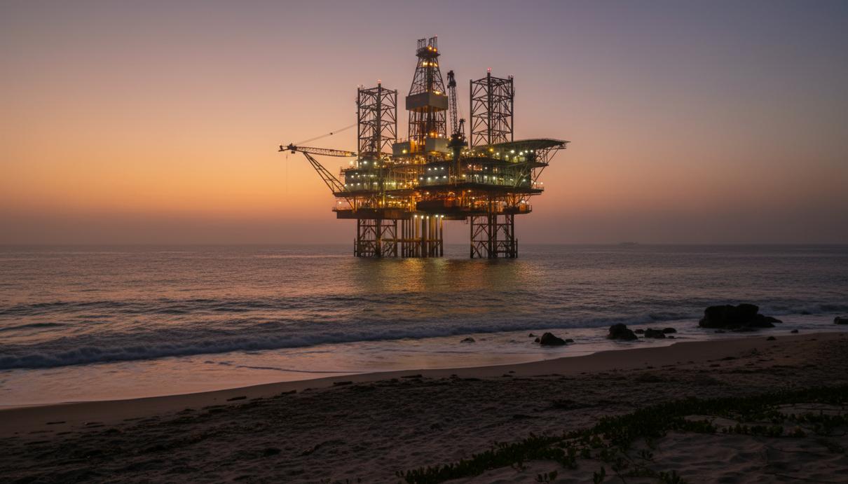 Нефтедобывающая вышка на побережье Западной Африки в сумерках. Промышленный объект освещен, на заднем плане виден океан.