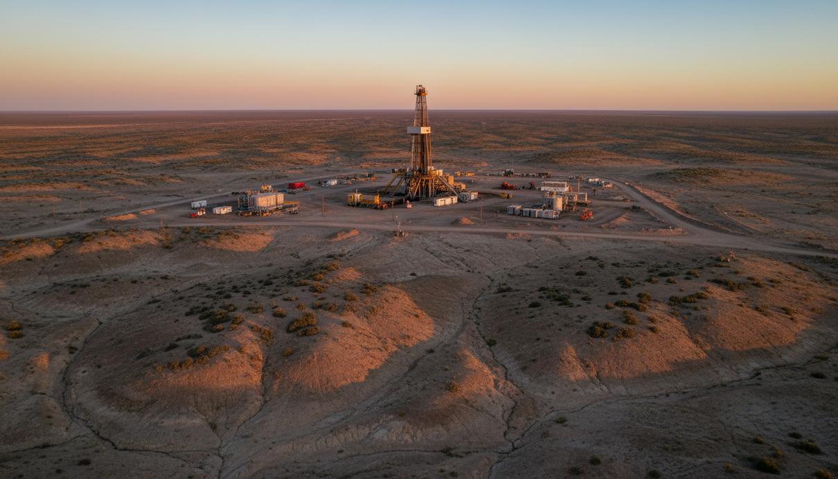 Continental Resources поборется за новые сланцевые участки в Аргентине Нефтяная вышка и промышленное оборудование в засушливом пейзаже сланцевого месторождения Vaca Muerta в Патагонии, Аргентина.