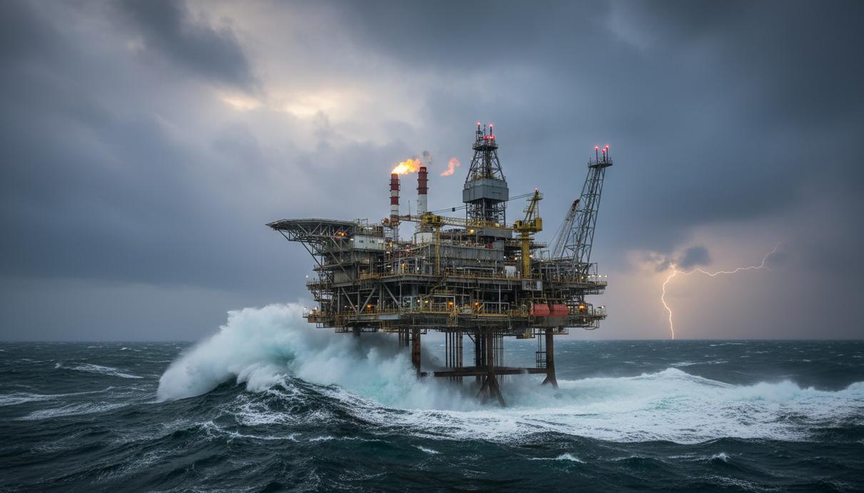 BP изучает продажу добывающих активов в Северном море Нефтегазовая добывающая платформа в Северном море в пасмурную погоду. Промышленный морской пейзаж.