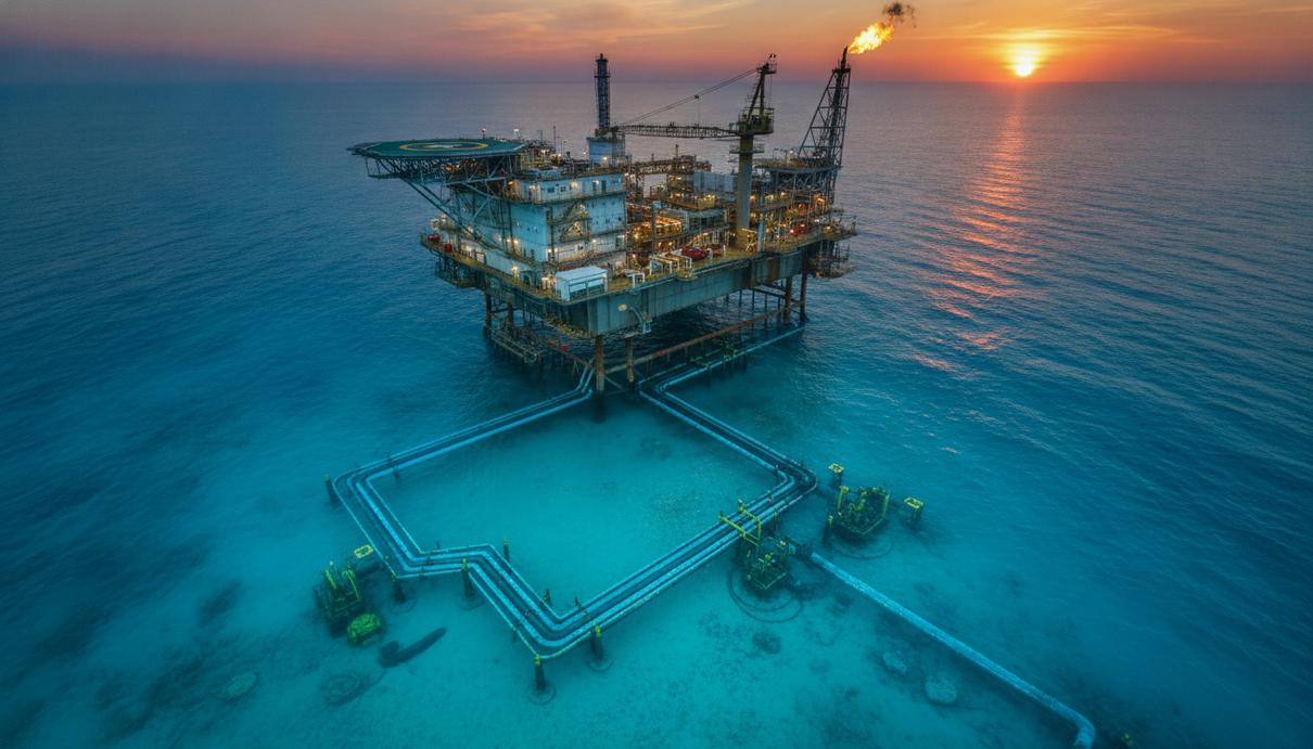 Плавучая добывающая платформа (FPU) на морском газовом месторождении в Восточном Средиземноморье на фоне заката.
