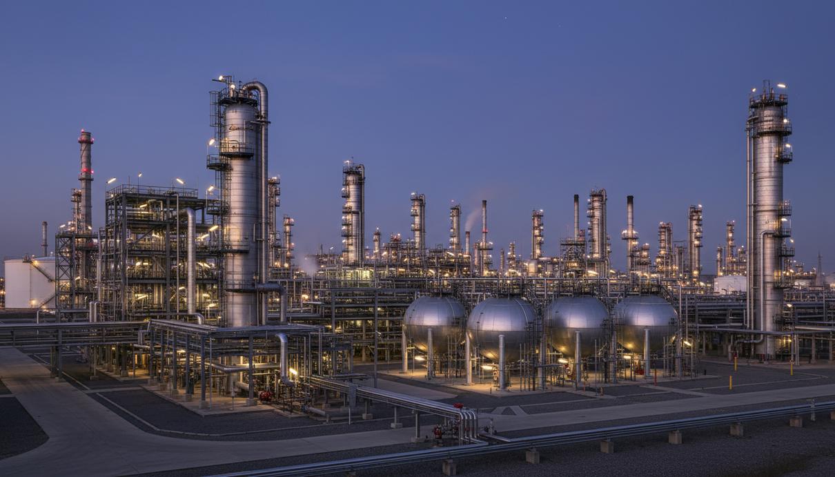 Отклонения от регламента стали скрытой угрозой для нефтегазовой отрасли Нефтеперерабатывающий завод с комплексом технологических установок, труб и резервуаров в вечернем промышленном освещении.