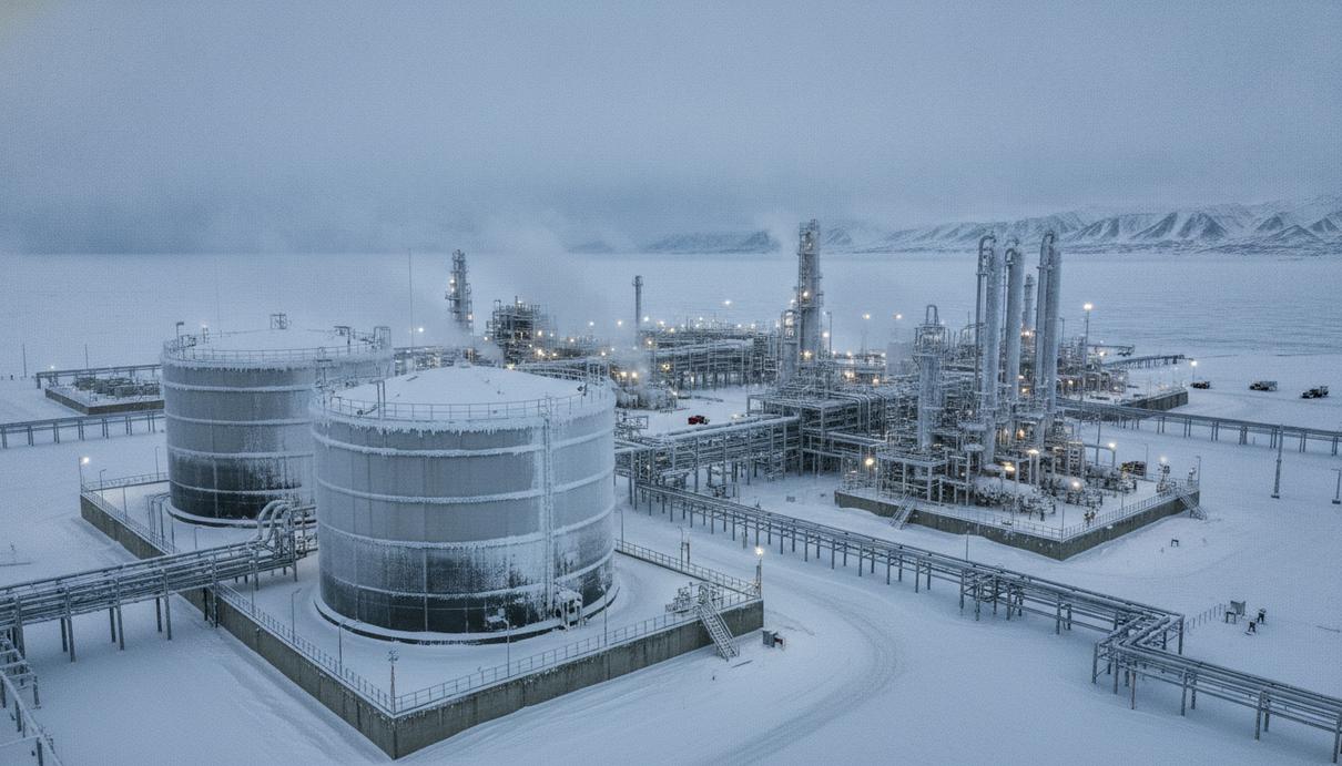 Заснеженный завод по сжижению природного газа в Арктике с крупными резервуарами и технологическими установками.
