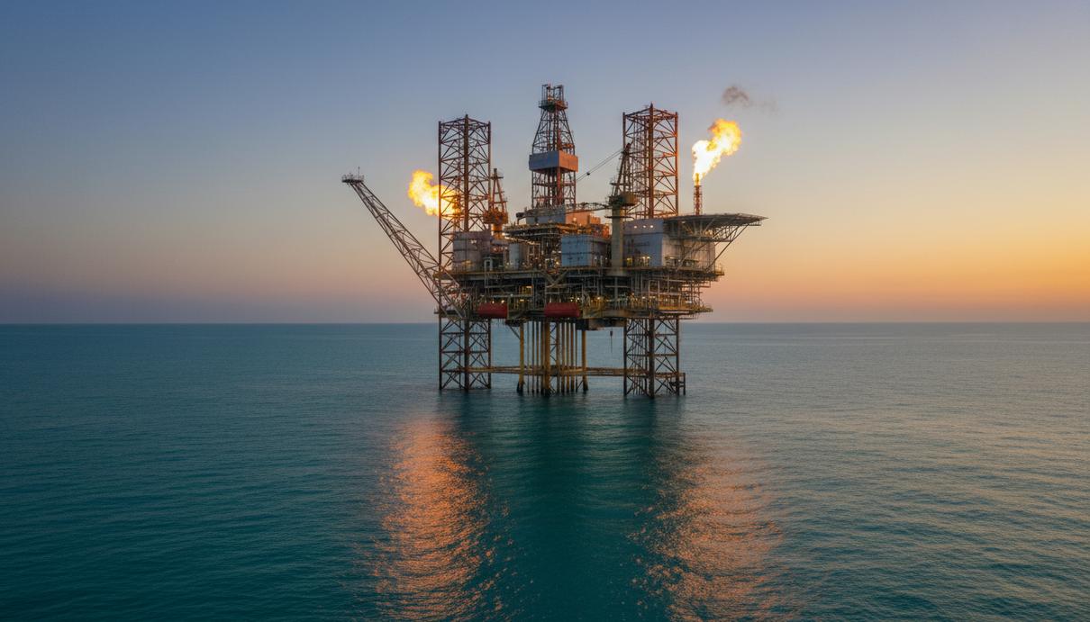 Морская нефтегазовая платформа в Мексиканском заливе на фоне заката.