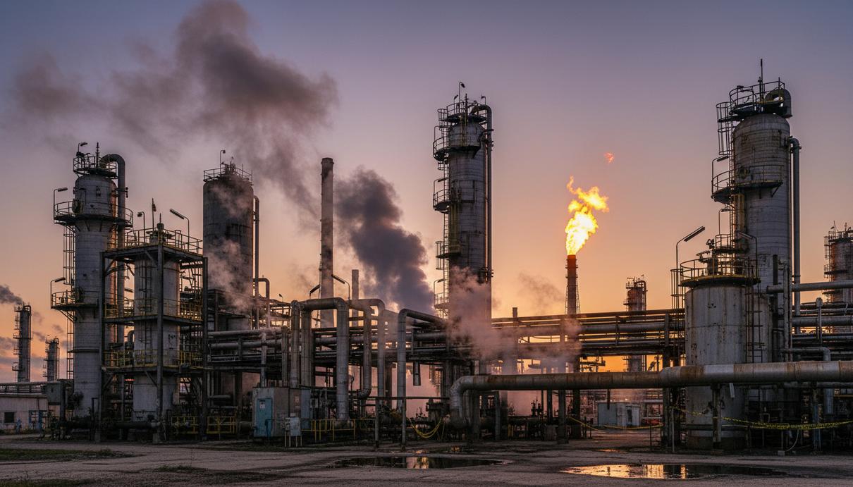 Старый нефтеперерабатывающий завод PDVSA в Венесуэле на закате, из труб идёт пар, на заднем плане горит факельная вышка.