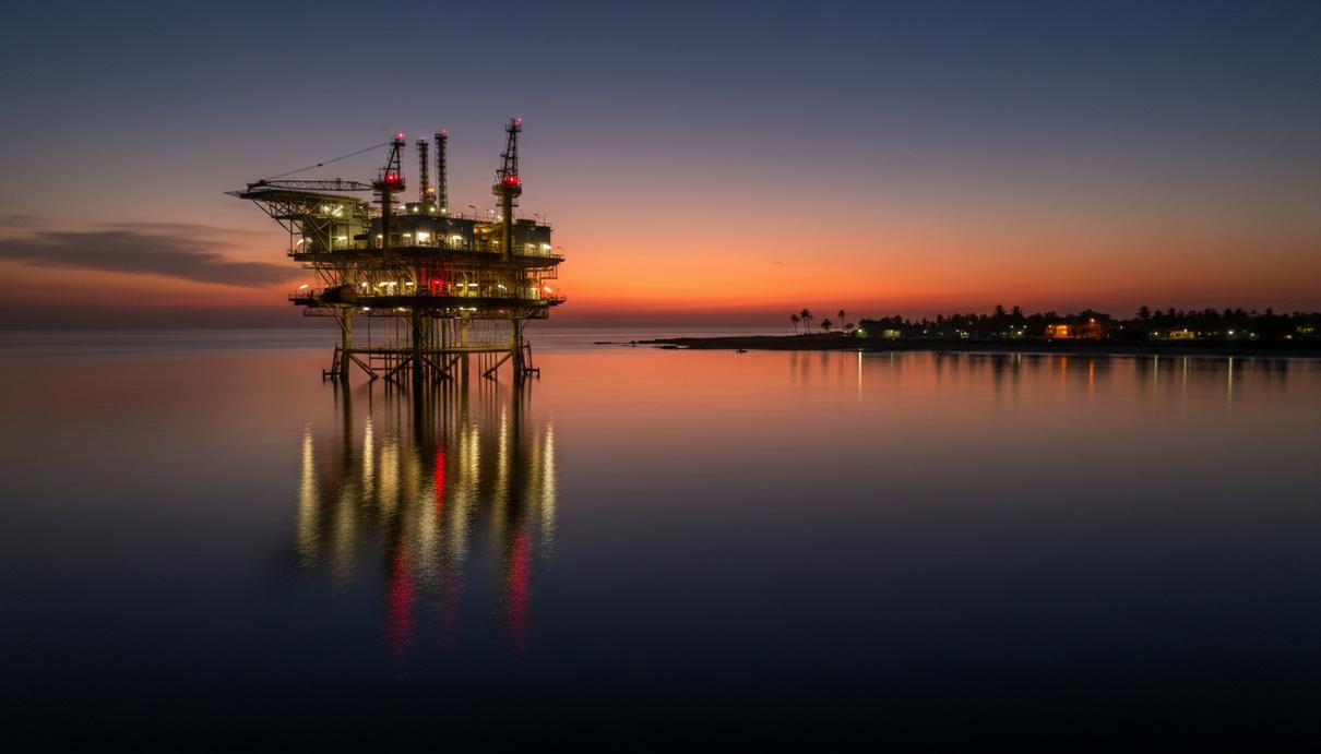 АЭП защитила Perenco от экологической критики в Конго Морская нефтедобывающая платформа на фоне заката у побережья Демократической Республики Конго в регионе Муанда.