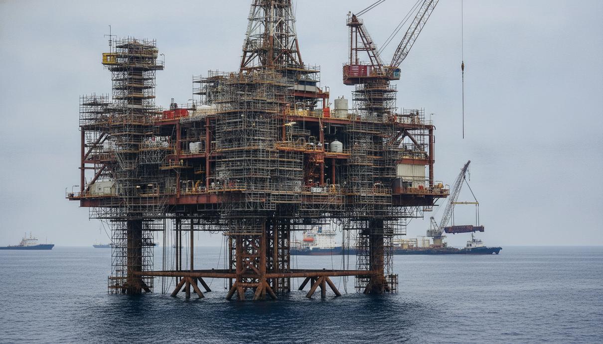 Морская газодобывающая платформа в Черном море. На конструкции установлены строительные леса для проведения работ.