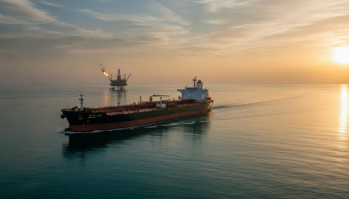 Крупный нефтяной танкер в Персидском заливе на рассвете, на горизонте видна морская нефтедобывающая платформа.