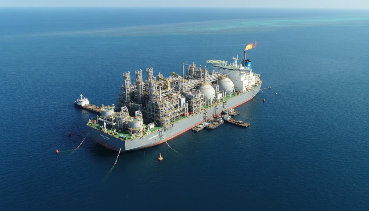 Плавучий завод по сжижению природного газа (СПГ) в открытом море с технологическим оборудованием на палубе, вид с воздуха.
