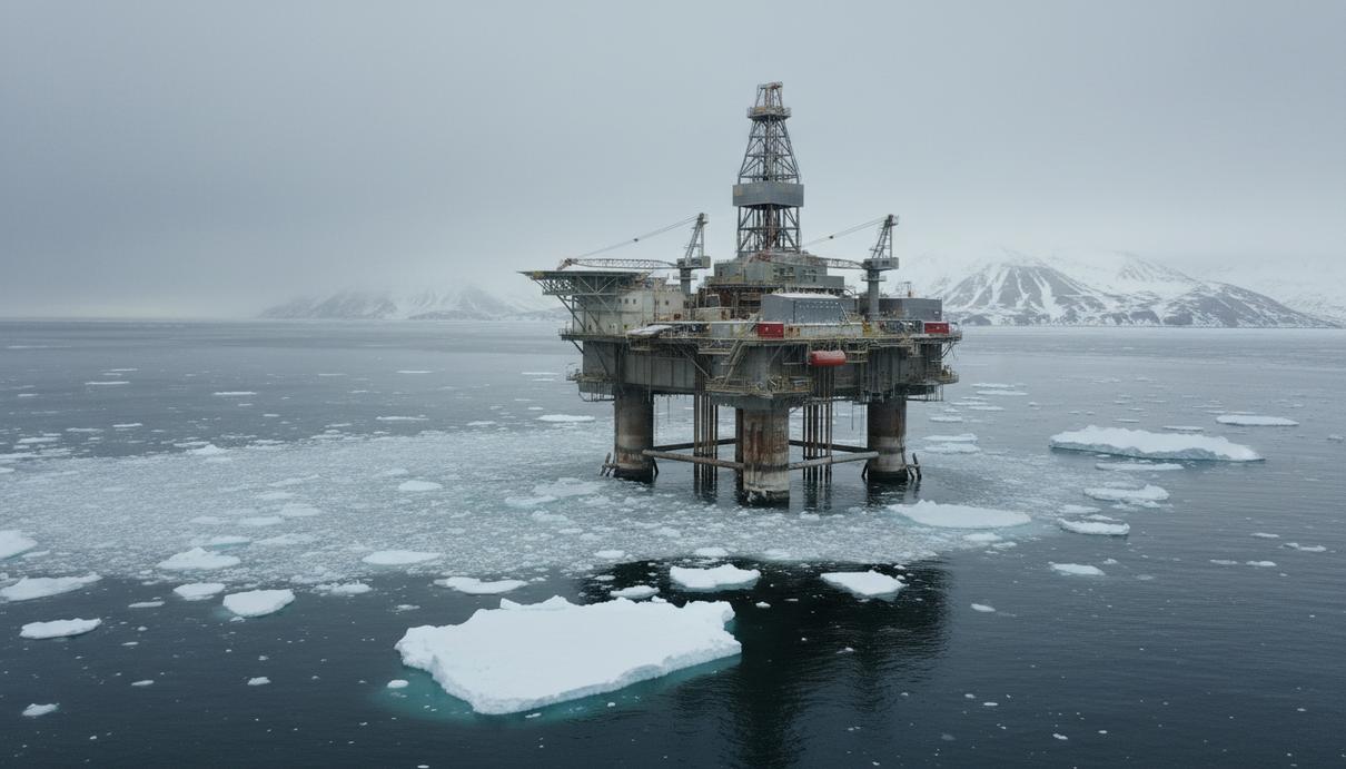 Морская нефтегазовая платформа в Северном Ледовитом океане у берегов Аляски, окруженная льдами.