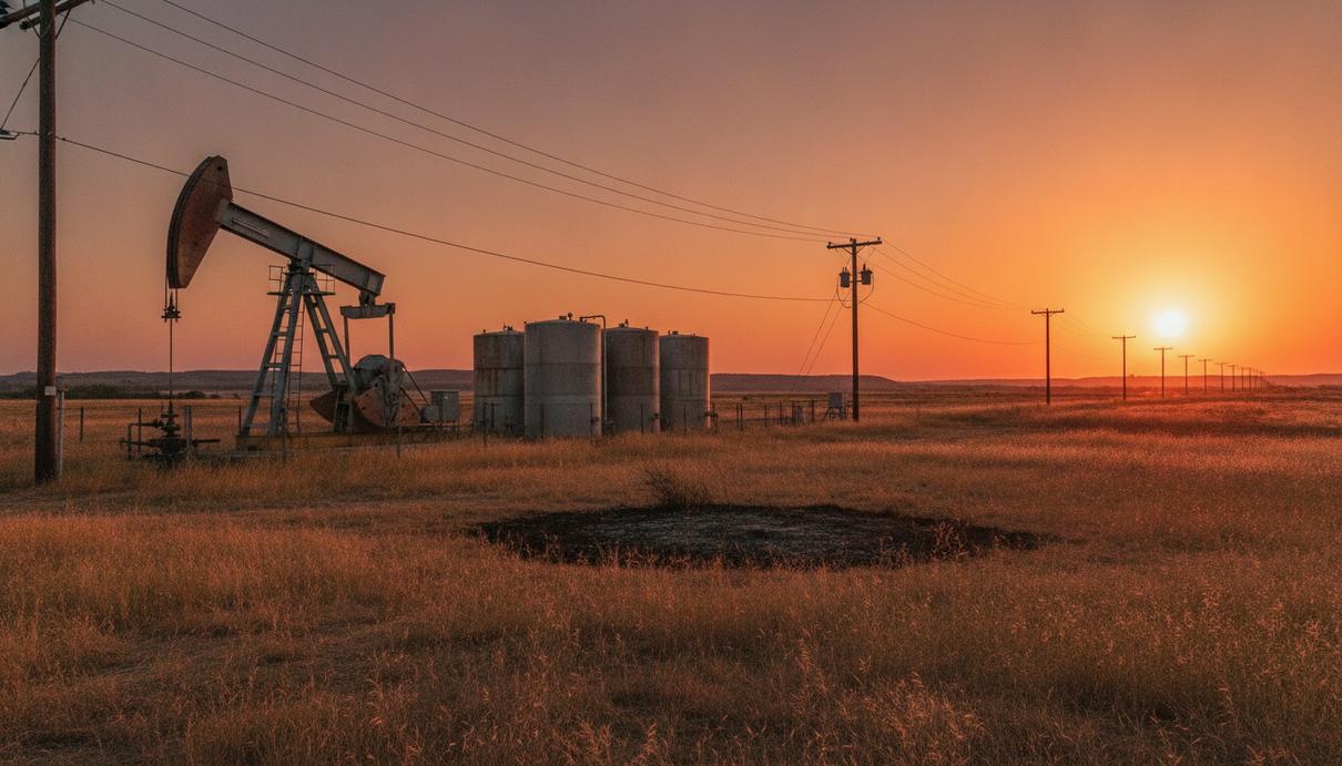 Нефтяная качалка и резервуары на месторождении в сухой техасской степи на закате. Рядом с объектом проходит линия электропередачи.