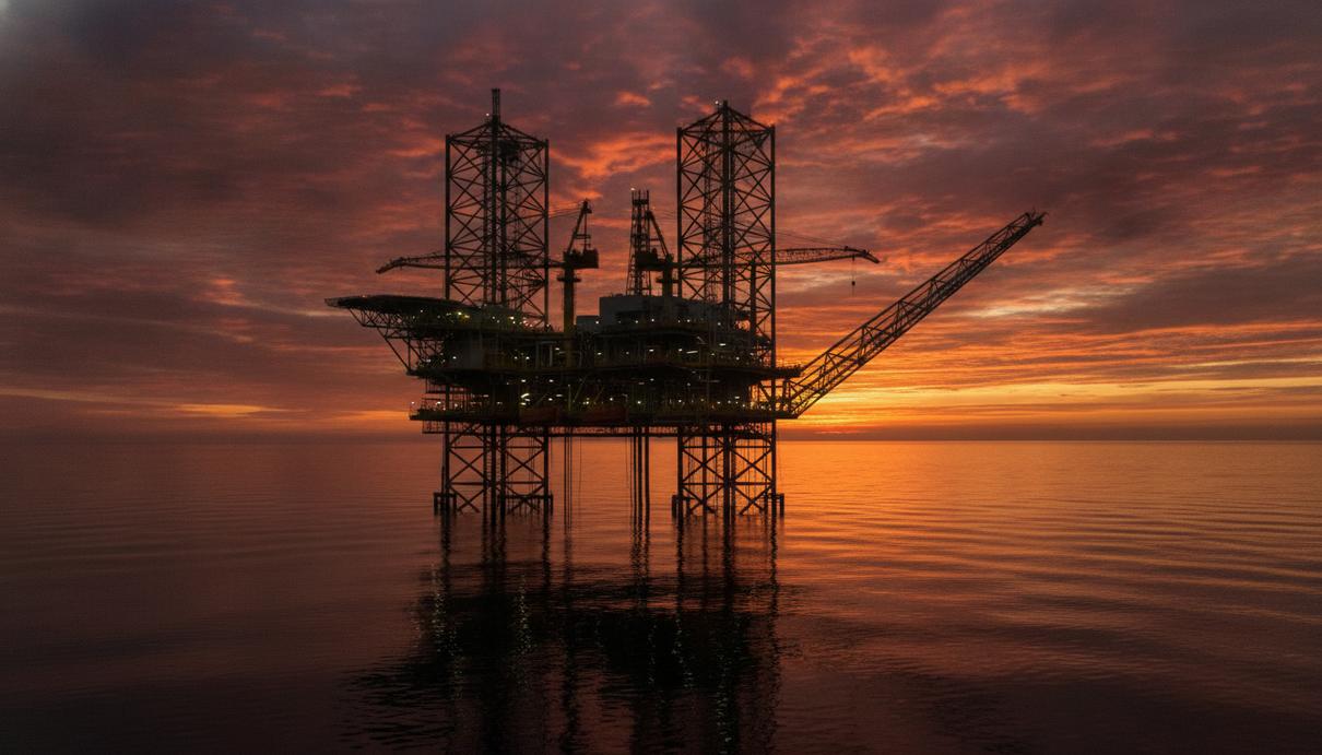 Exxon и Chevron тратят рекордную прибыль на долги, а не на акционеров Массивная морская нефтедобывающая платформа на фоне заката в спокойном море.