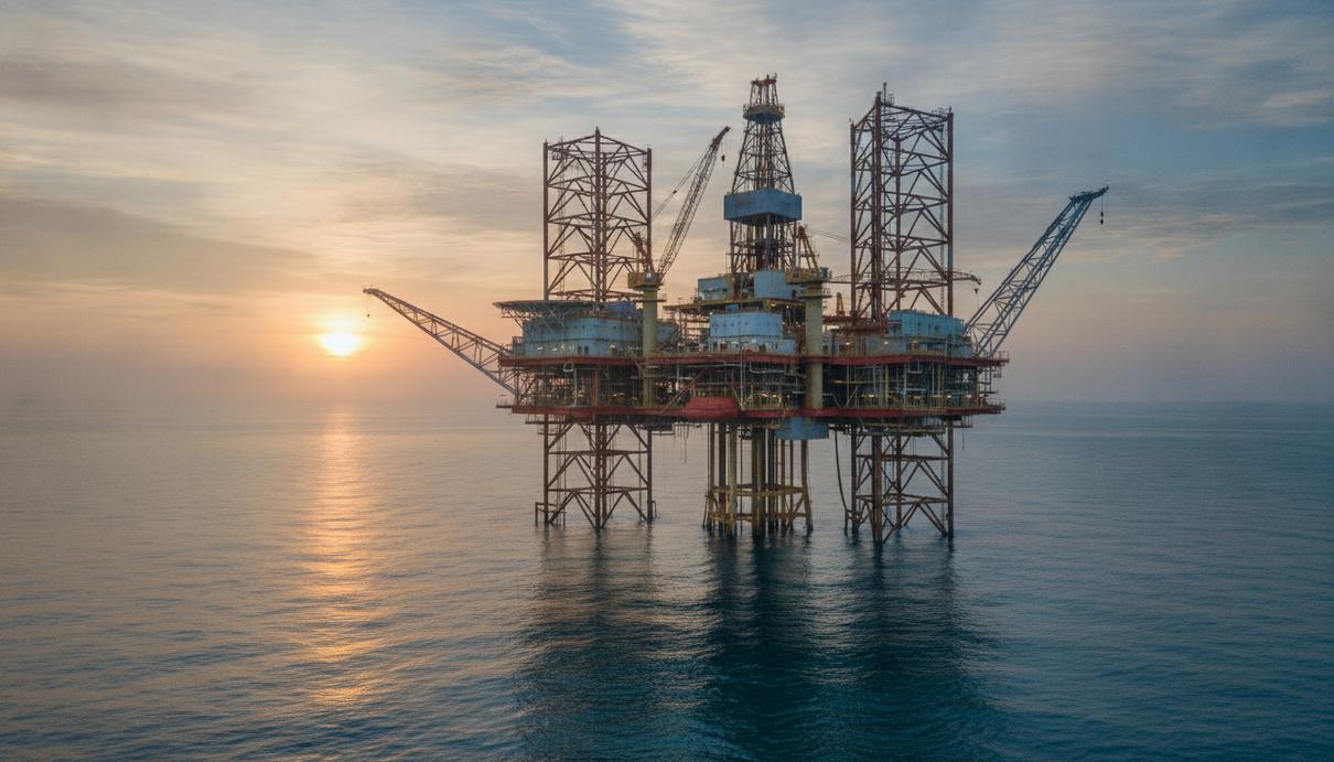 Морская глубоководная буровая платформа для добычи газа в Карибском море на рассвете.