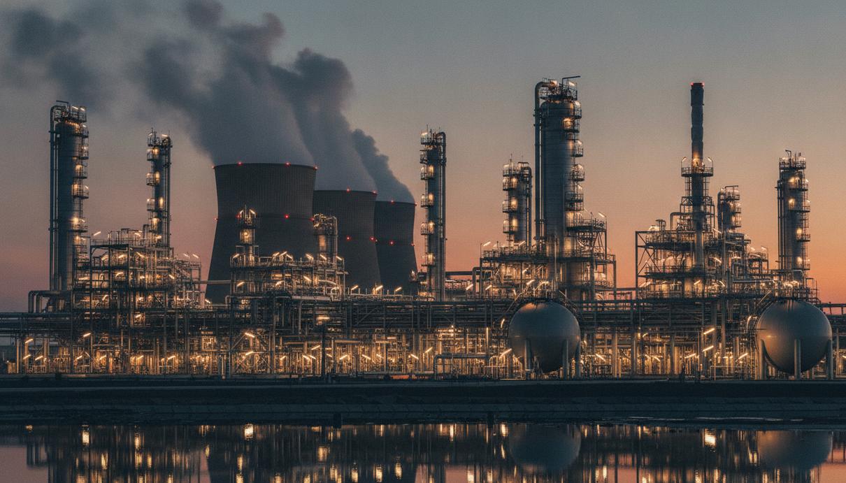 Современный нефтеперерабатывающий завод в сумерках, освещенный промышленными огнями. Видны трубы, резервуары и технологические установки.