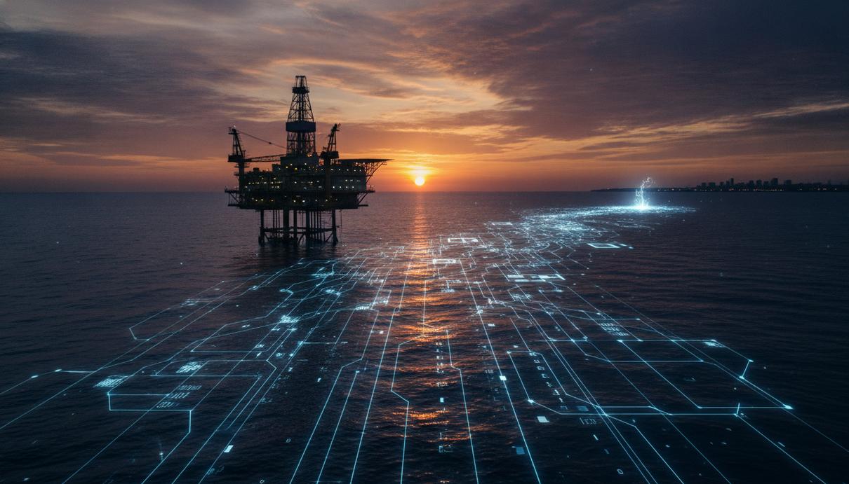 Морская нефтегазовая буровая платформа в океане на закате. От платформы к берегу тянутся светящиеся линии данных.