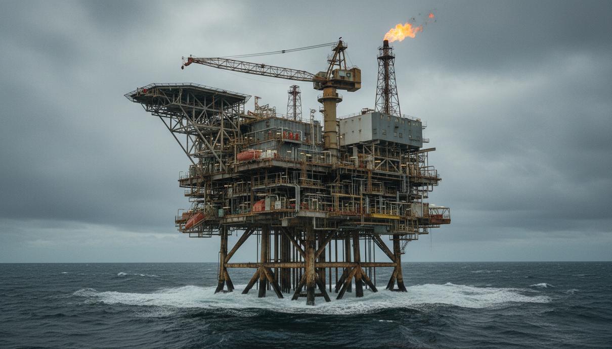 Нефтегазовая платформа в Северном море в пасмурную погоду. Вокруг неспокойное серое море и облачное небо.