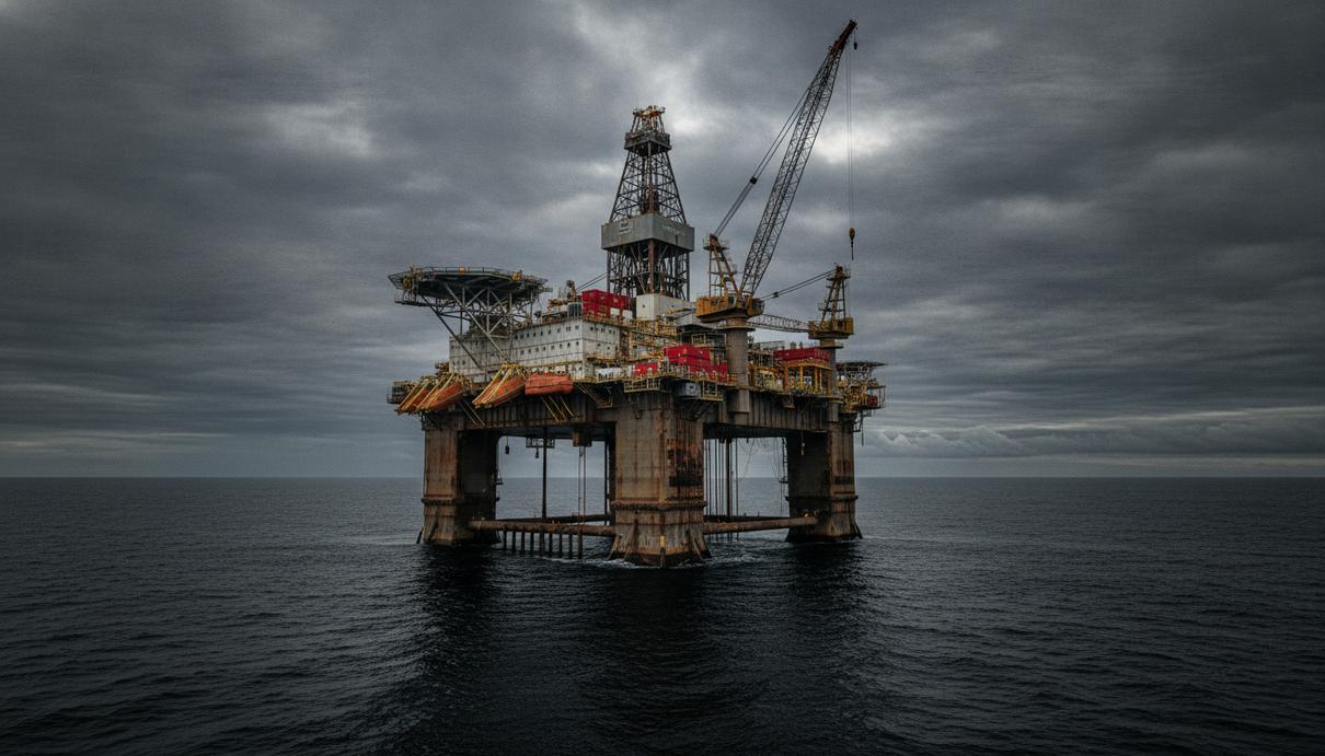 Odfjell Drilling вернула в строй платформу Deepsea Atlantic после 106 дней простоя Полупогружная буровая установка Deepsea Atlantic в открытом море. Вид на палубу с буровой вышкой и кранами на фоне пасмурного неба.