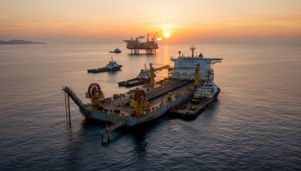 Морская платформа для добычи нефти и суда обеспечения на шельфе Гайаны на рассвете.