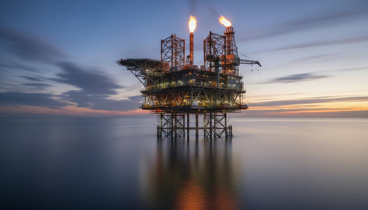 Морская нефтегазовая платформа в Северном море на закате. Вид на сложное промышленное сооружение в открытом море.