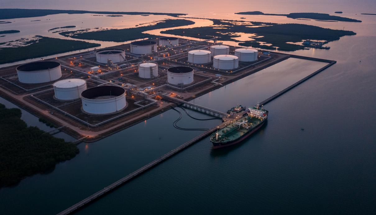 Нефтяной терминал в дельте Нигера, вид с воздуха. Крупные резервуары для хранения нефти, трубопроводы и танкер у причала на закате.