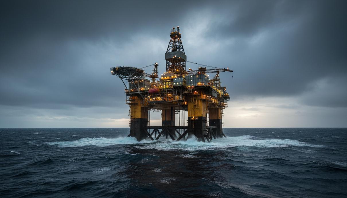 Платформа Deepsea Atlantic вернулась в строй после 106-дневного простоя Полупогружная буровая платформа Deepsea Atlantic в открытом море под пасмурным небом.