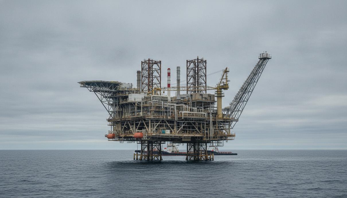 EnerMech получила контракт на обслуживание активов в Северном море Морская нефтегазовая платформа в Северном море в пасмурный день, вид на верхнее палубное оборудование и трубопроводы.