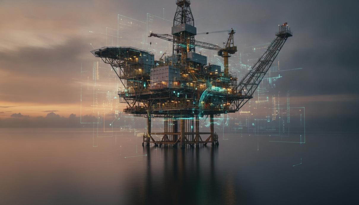 Морская нефтегазовая платформа в сумерках, на которую наложены цифровые графики, символизирующие анализ данных искусственным интеллектом.