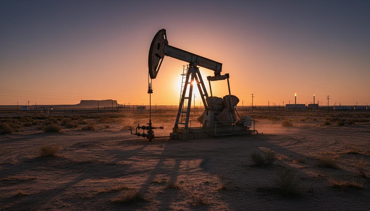 Рынок слияний и поглощений в нефтегазе США замедлился из-за цен Нефтяная качалка на фоне заката в пустынном пейзаже сланцевого бассейна Permian в Техасе, вдали видна инфраструктура месторождения.