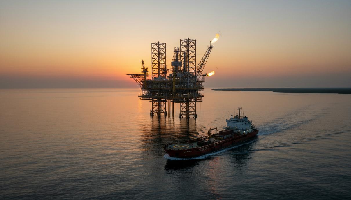 Морская нефтедобывающая платформа в Карибском море на рассвете у побережья Гайаны. Рядом с платформой стоит судно снабжения.