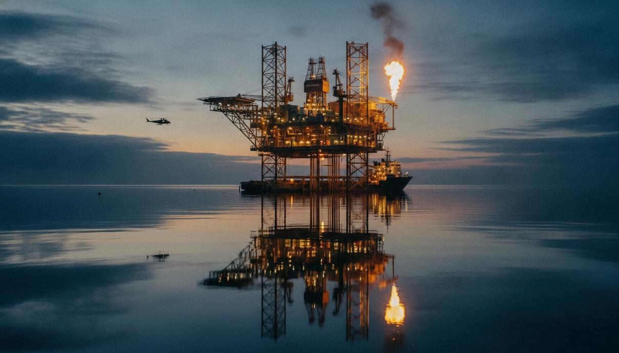 Морская нефтедобывающая платформа ConocoPhillips в Северном море на закате, отражающаяся в спокойной воде.